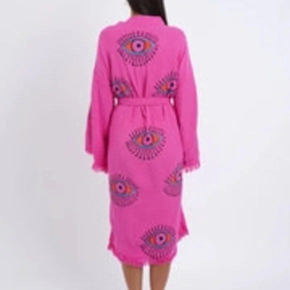 Cotton Turkish Robe - Pink - Handmade In Turkey - Evil Eye Pattern - Picture 2 of 3